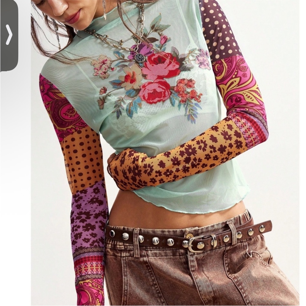 Boho Patchwork Long-Sleeve Mesh Top - Mint Multic… - image 3